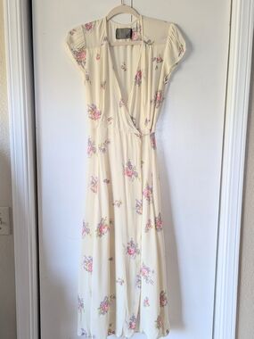 Reformation Cream Floral Wrap Midi Dress
